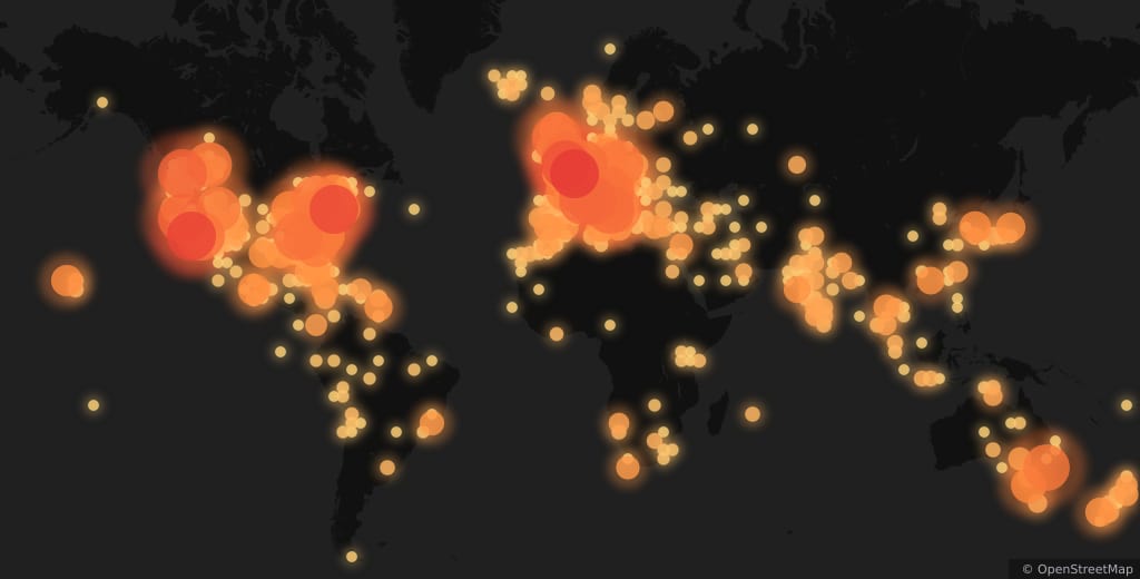 World map of the filming locations recorded by CineTrotter, grouped into patches whose size and colour follow how many there are.