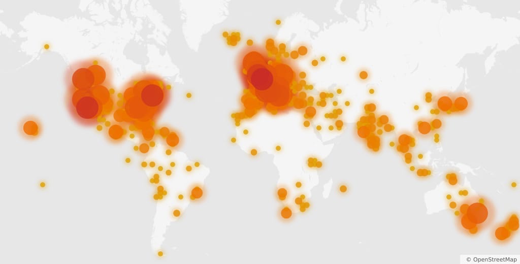 World map of the filming locations recorded by CineTrotter, grouped into patches whose size and colour follow how many there are.